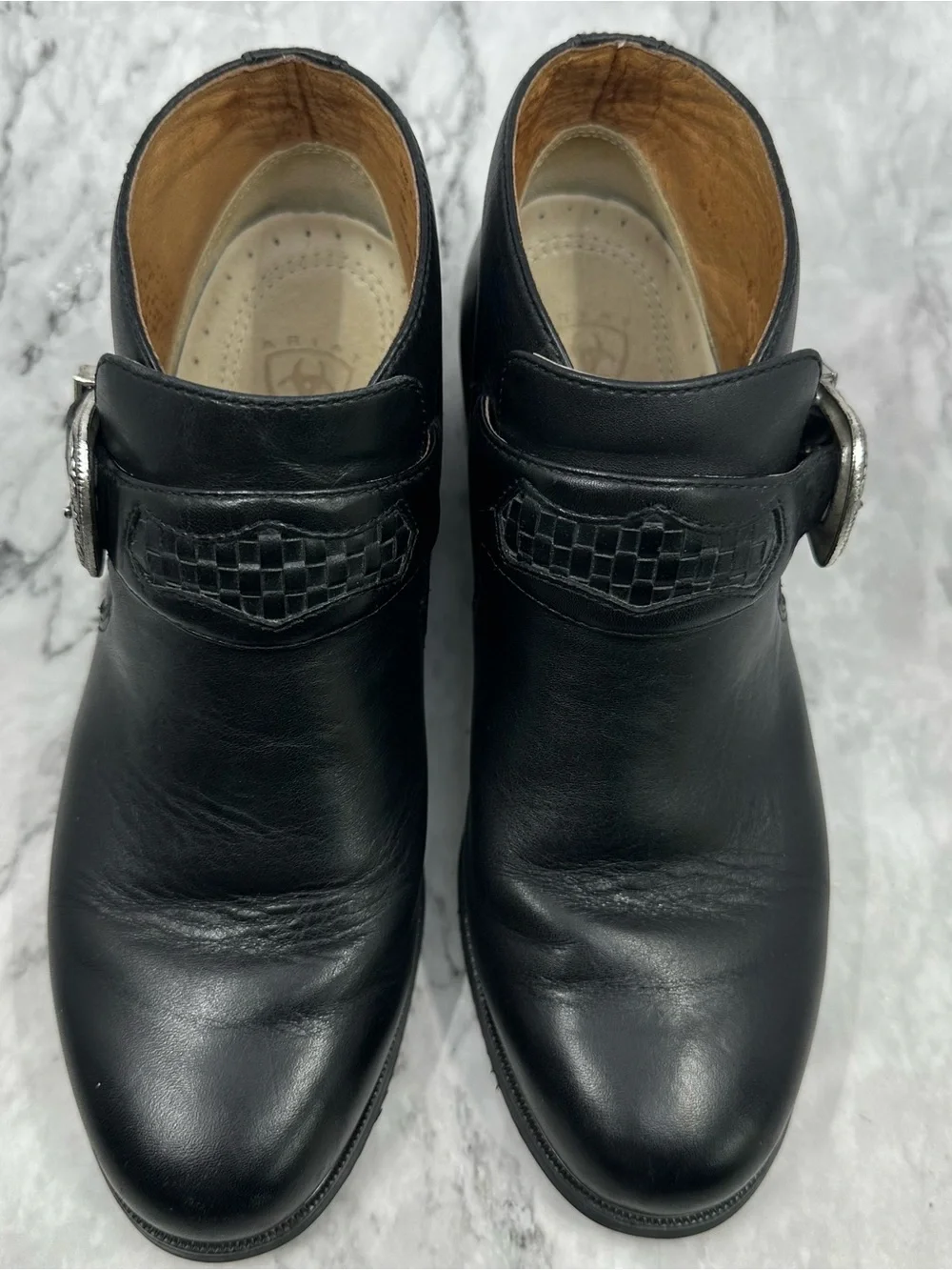 Ariat Black Leather Ankle Boots with Decorative Silver Buckle